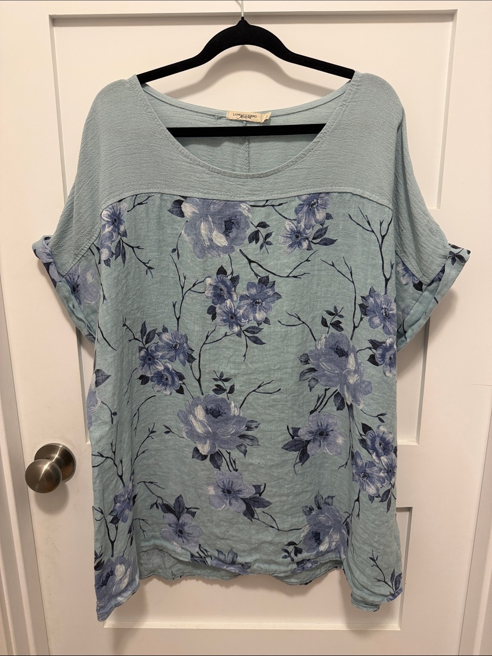 Light Blue Floral Linen Scoop-Neck Tunic Top